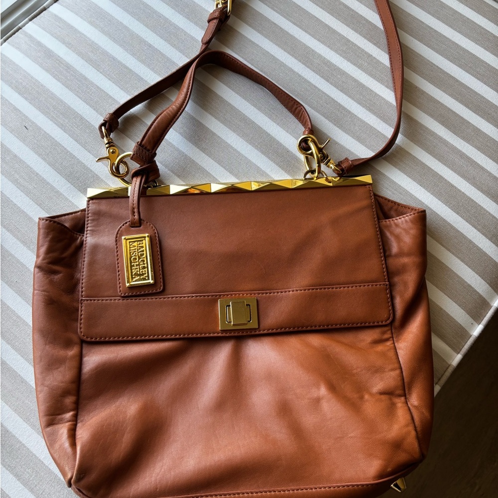Badgley Mischka Brown Leather Shoulder Bag with Gold Hardware